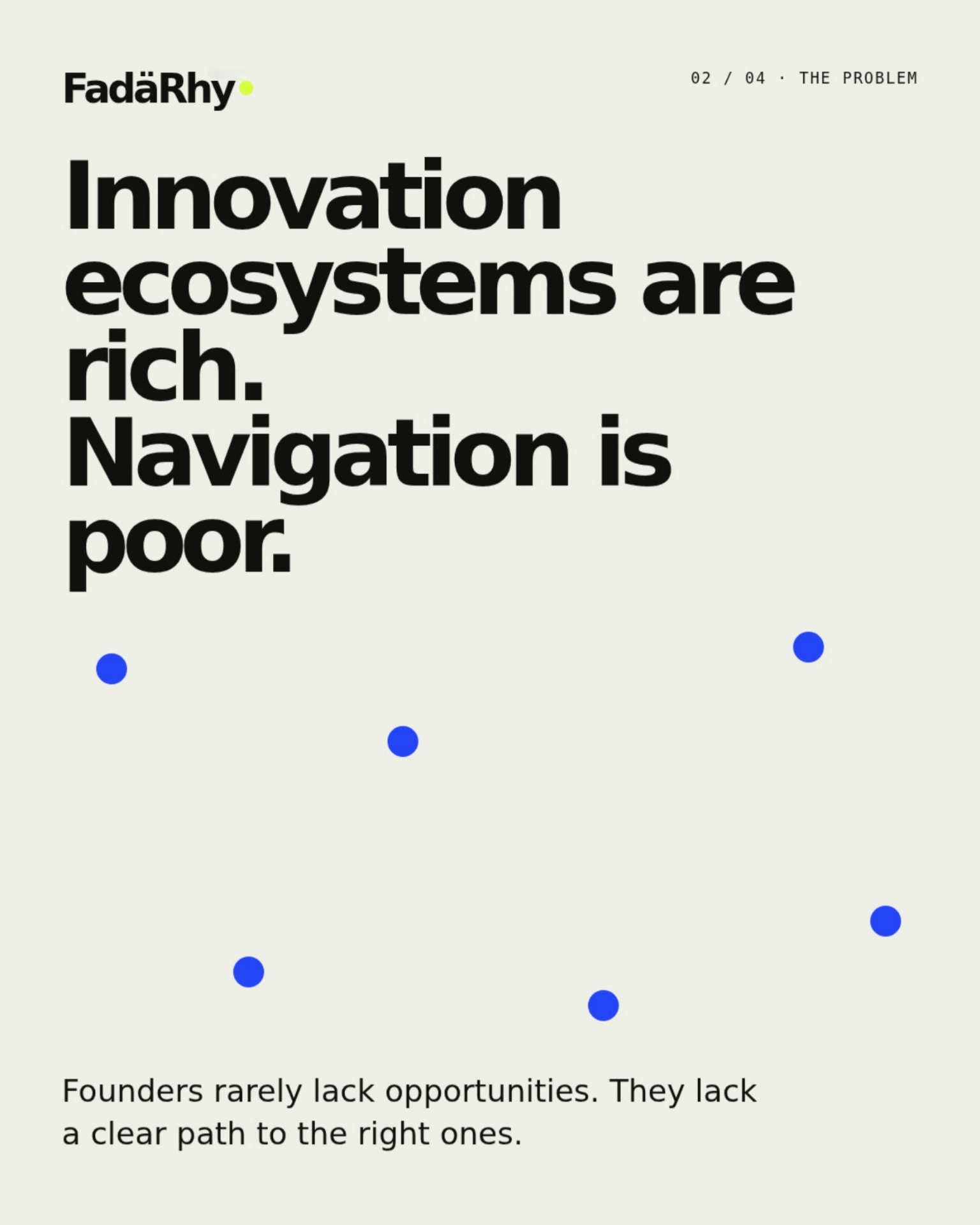 FadäRhy. 02 / 04 · The problem. Innovation ecosystems are rich. Navigation is poor. Founders rarely lack opportunities. They lack a clear path to the right ones.