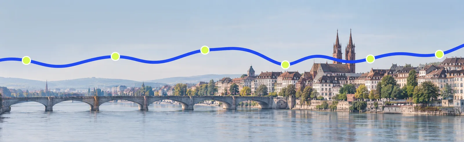 The Rhine in Basel with the Mittlere Brücke and Basel Minster, crossed by the FadäRhy thread with lime nodes.